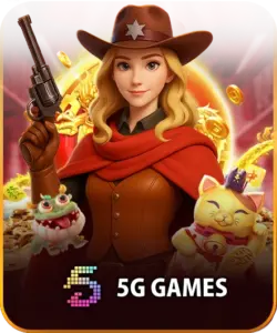 ภาพตัวละครหญิงคาวบอยถือปืน จากหมวด 5G Games พื้นหลังสีทองมีเหรียญและแมวนำโชค.