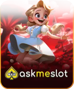 ภาพตัวละครหญิงผมบลอนด์ใส่ชุดฟ้าในโลกแฟนตาซี แบรนด์ askmeslot พื้นหลังสีแดงเข้ม.