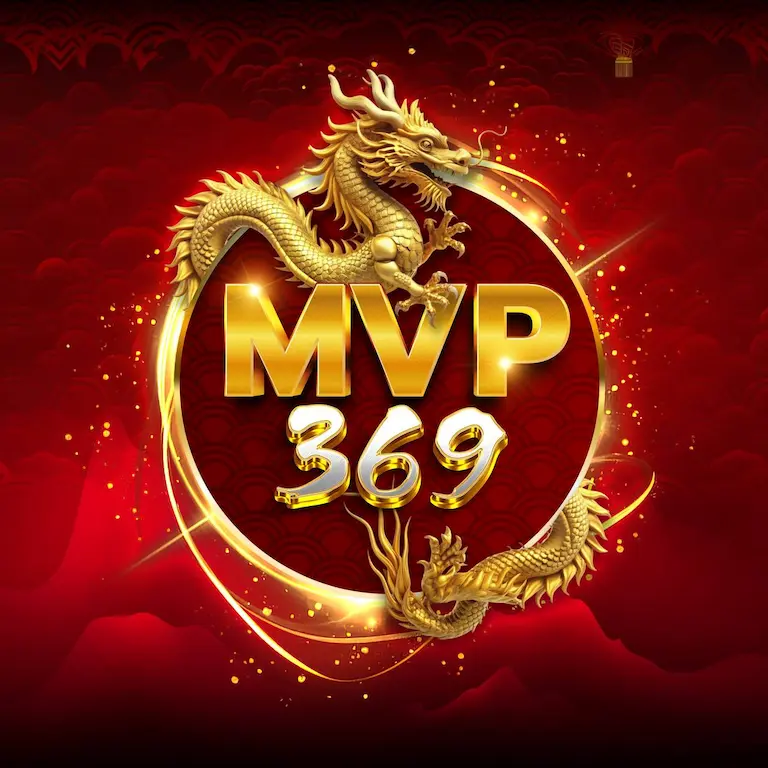 โลโก้ MVP369 สีทอง มีมังกรทองล้อมรอบ พื้นหลังแดงลวดลายเมฆสไตล์จีน.