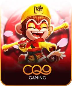 ภาพตัวละครลิงถือกระบองจาก CQ9 Gaming สไตล์การ์ตูนสีสดใส พื้นหลังแดงทองลายจีน.